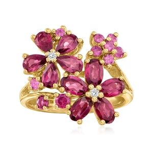 3.33 ct tw Rhodolite Garnet Flower Ring Diamond Accents 18k Gold Over Sterling 6